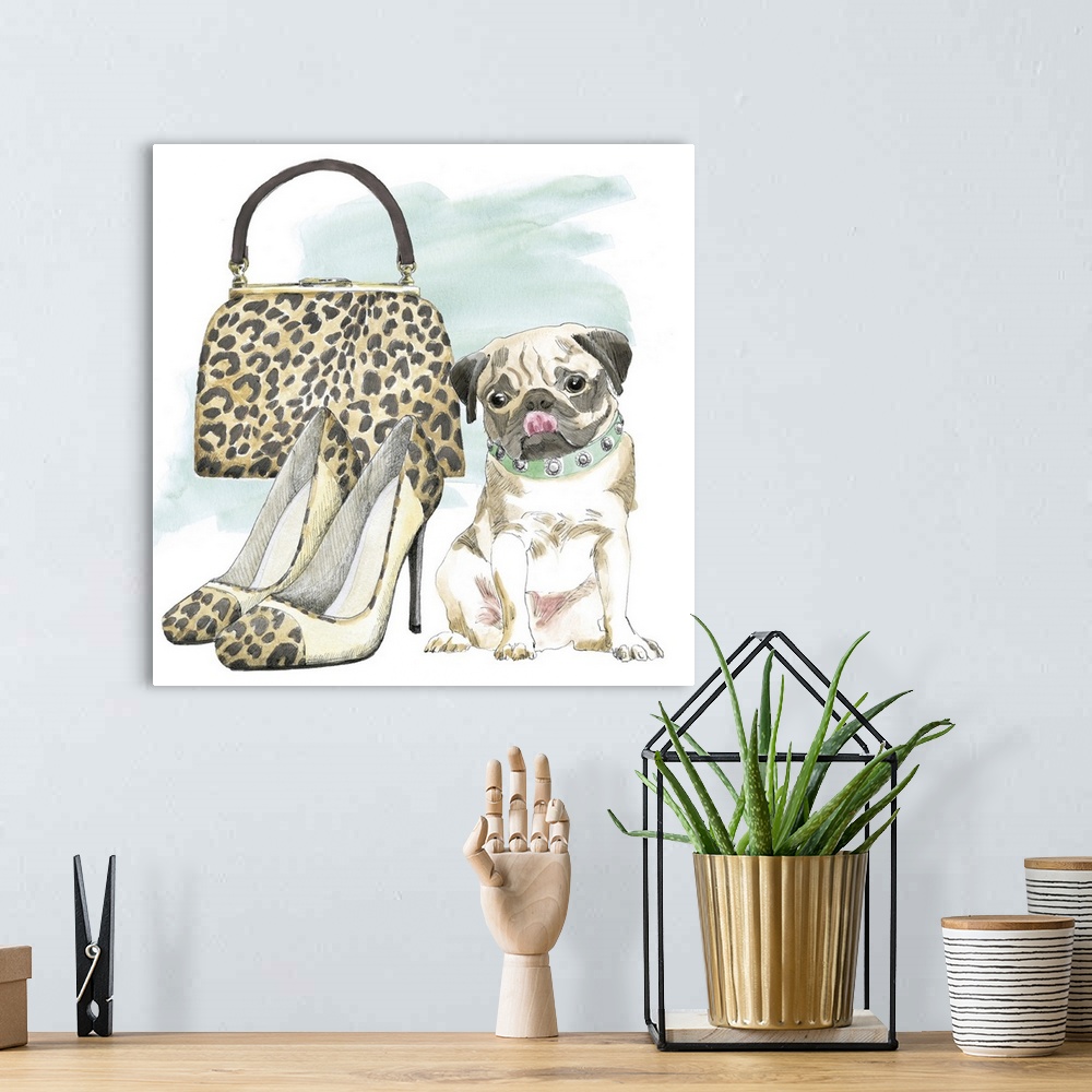A bohemian room featuring A square watercolor painting of a Pug with a pair of leopard print high heels and a matching purse.