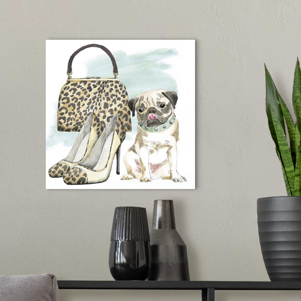A modern room featuring A square watercolor painting of a Pug with a pair of leopard print high heels and a matching purse.