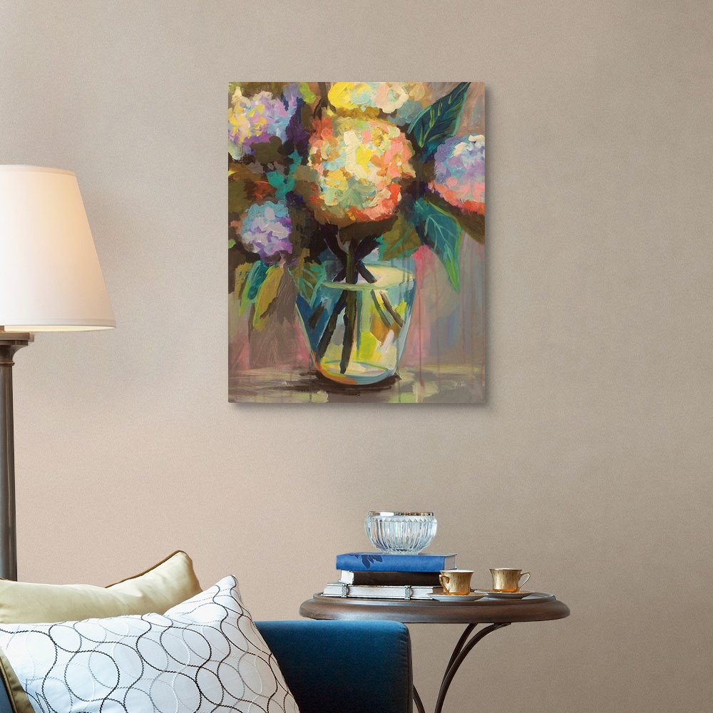 A traditional room featuring Abstracted bouquet of colorful florals.