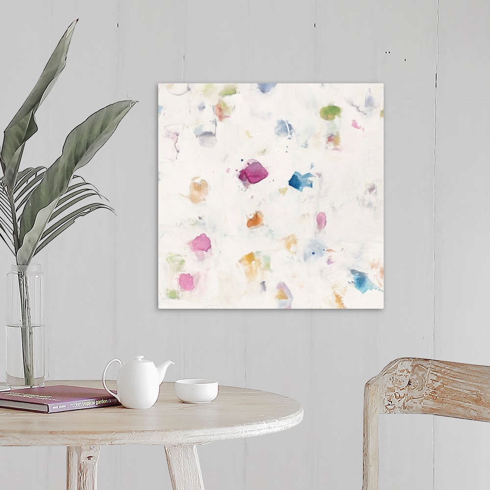 A farmhouse room featuring Square abstract watercolor painting with a white background and colorful splash marks scattered a...