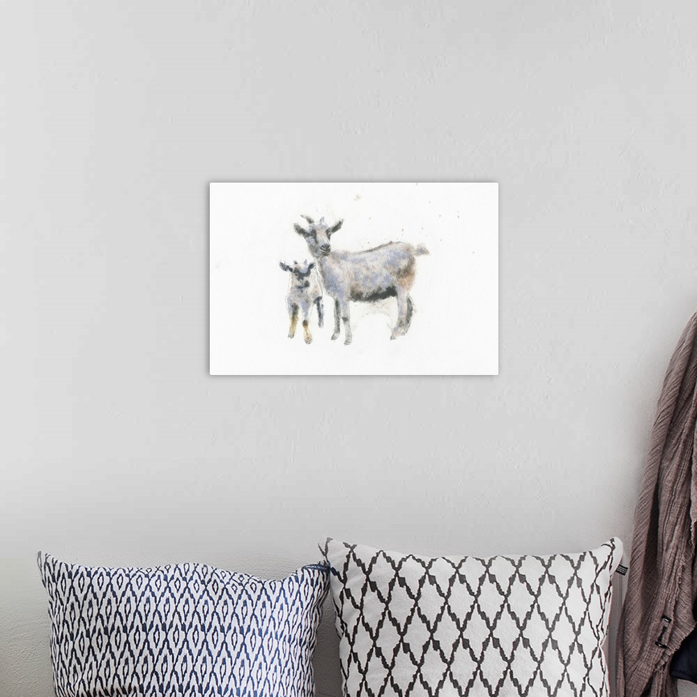 A bohemian room featuring A contemporary painting of a goat and kid against a white background.