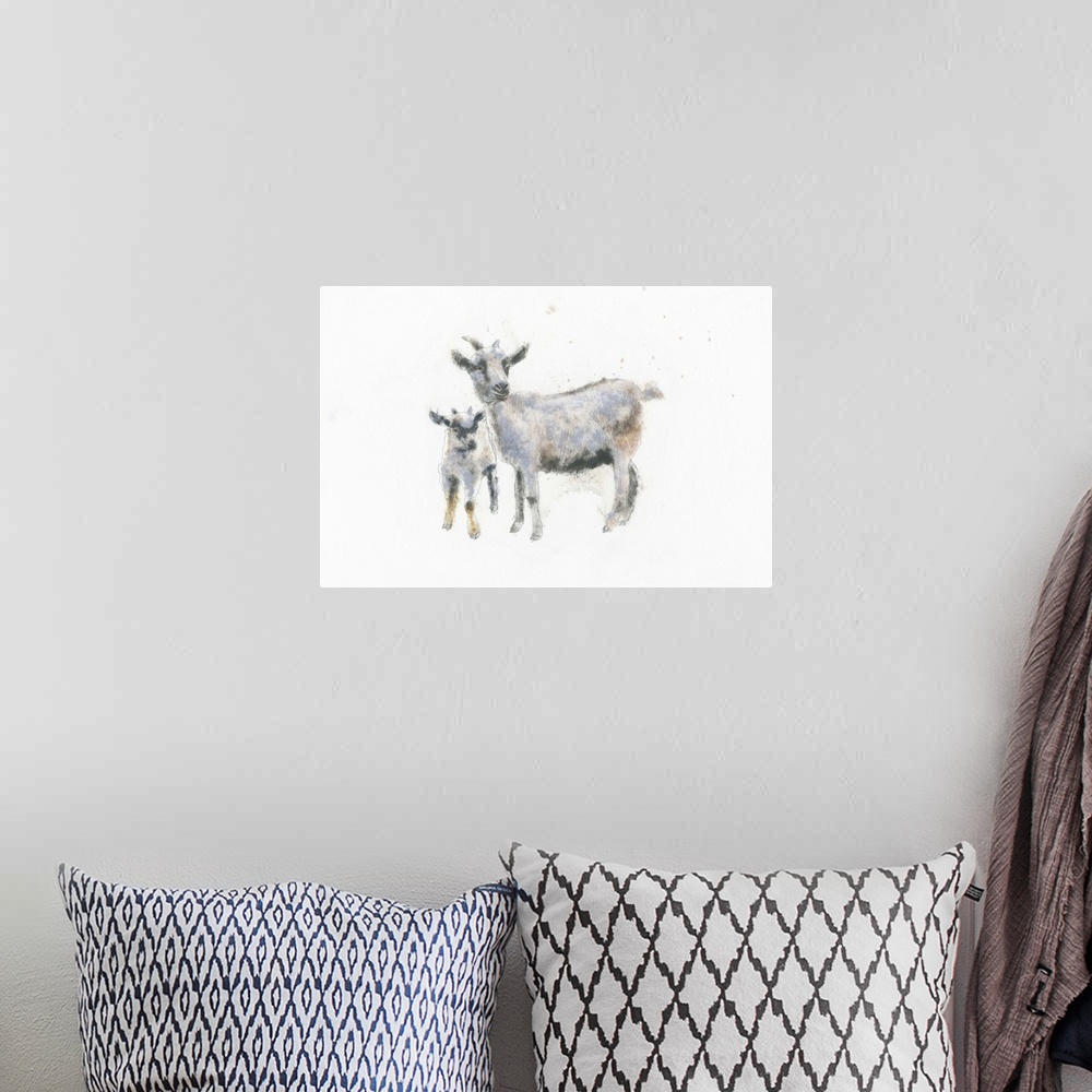 A bohemian room featuring A contemporary painting of a goat and kid against a white background.