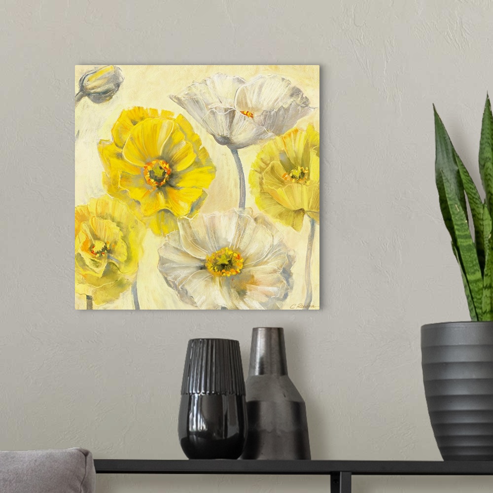 A modern room featuring Gold and White Contemporary Poppies II