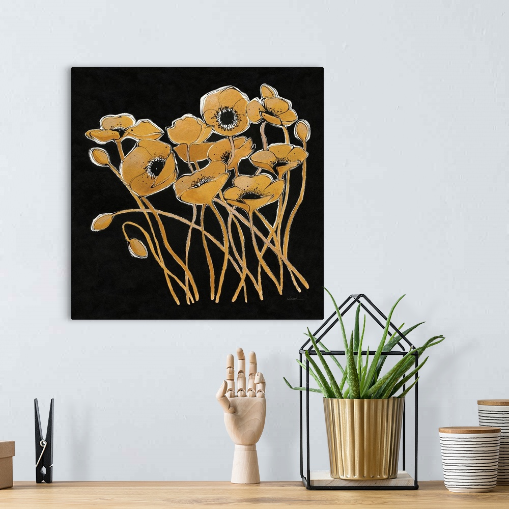 A bohemian room featuring Square painting of metallic gold poppy flowers with black centers on a solid black background.