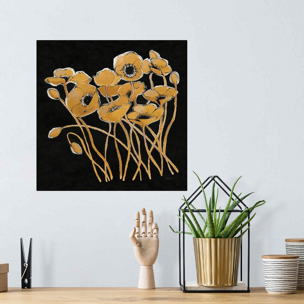 A bohemian room featuring Square painting of metallic gold poppy flowers with black centers on a solid black background.