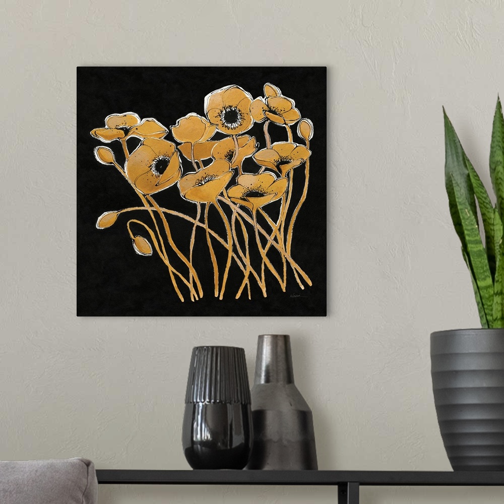 A modern room featuring Square painting of metallic gold poppy flowers with black centers on a solid black background.