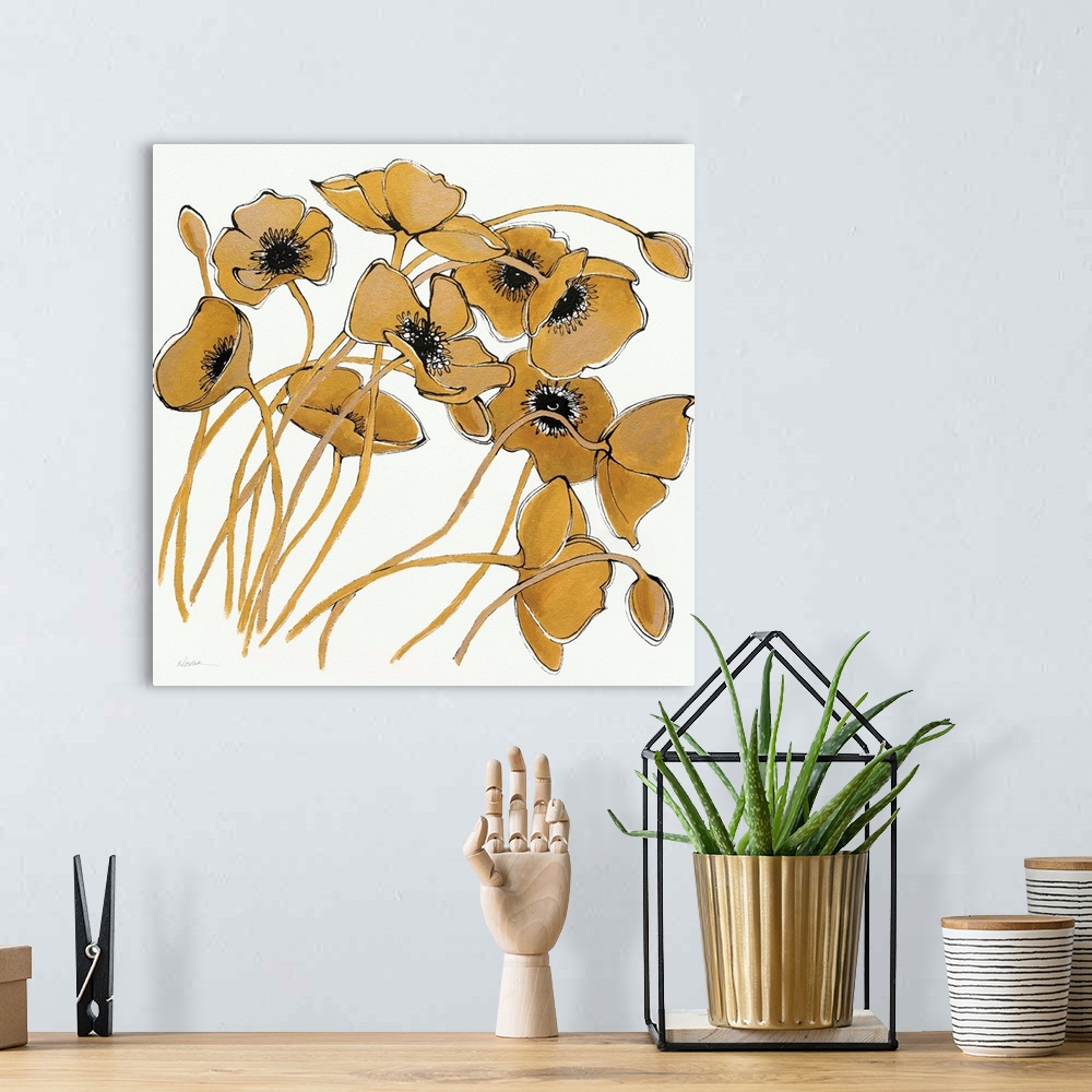 A bohemian room featuring Square painting of metallic gold poppy flowers with black centers on a solid white background.