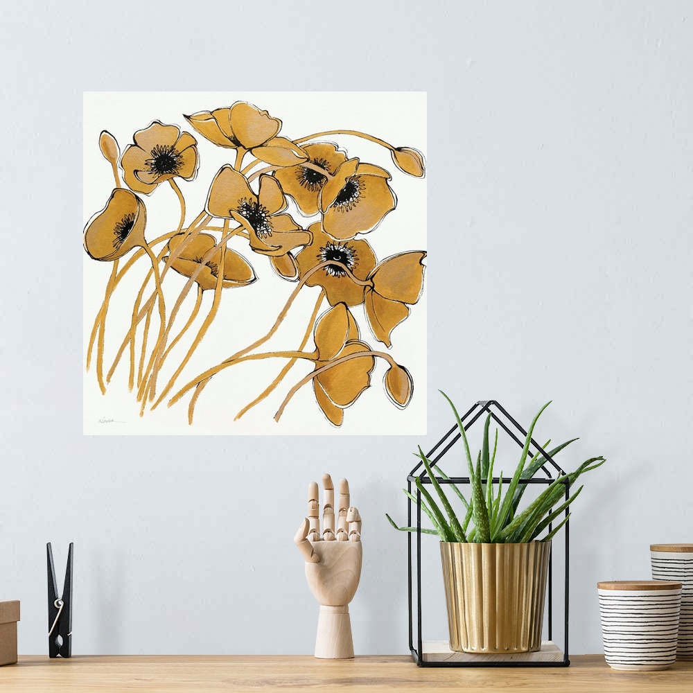 A bohemian room featuring Square painting of metallic gold poppy flowers with black centers on a solid white background.
