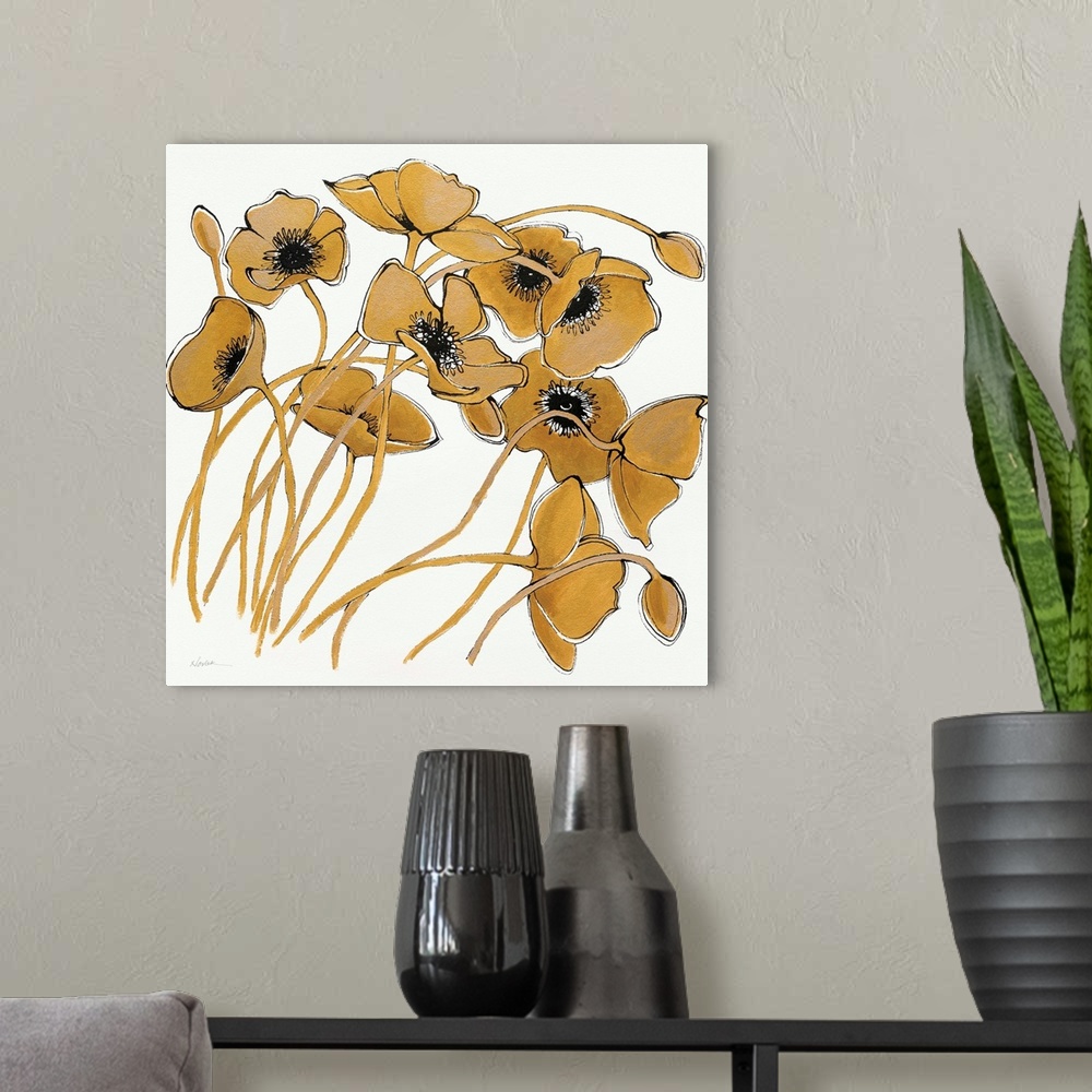 A modern room featuring Square painting of metallic gold poppy flowers with black centers on a solid white background.
