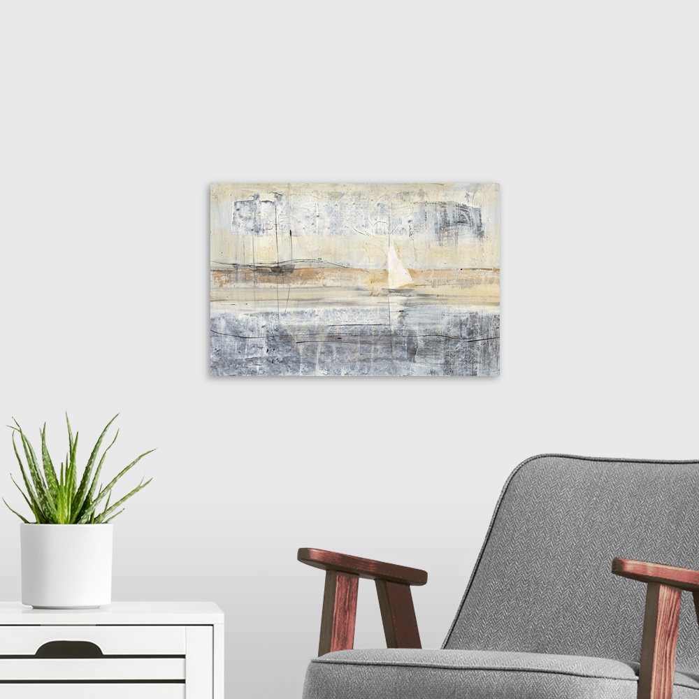 A modern room featuring A horizontal abstract painting of a sailboat in water in neutral textured tones and black line ac...