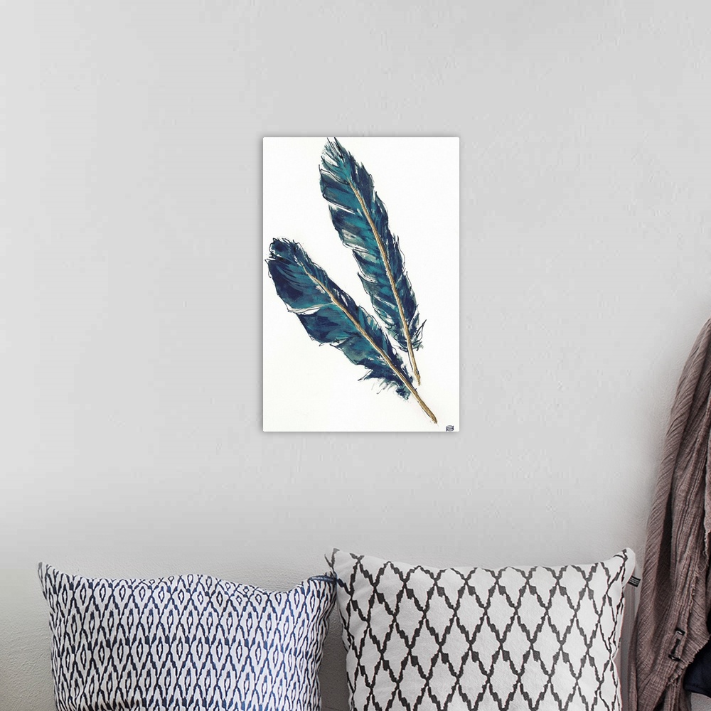 A bohemian room featuring Large vertical painting of two feathers with metallic blue and gold paint.