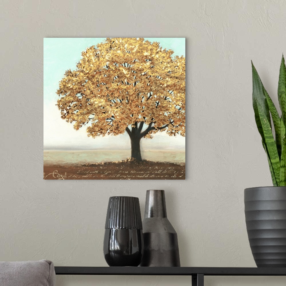 A modern room featuring Contemporary artwork of a gold leaved tree with script below it.