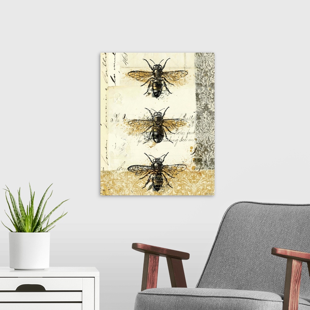 A modern room featuring Contemporary artwork of three insects lined from top to bottom, on golden and weathered looking b...