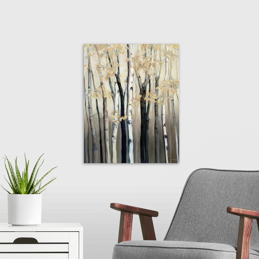 A modern room featuring Contemporary artwork of a forest of birch trees with yellow leaves.