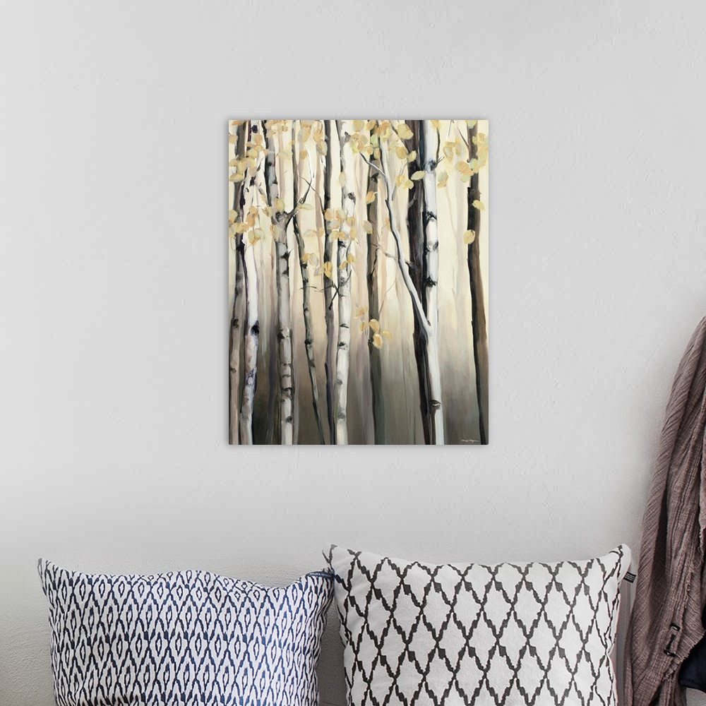 A bohemian room featuring Contemporary artwork of a forest of birch trees with yellow leaves.