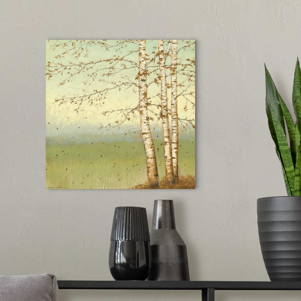 A modern room featuring Square painting on a giant wall hanging of several birch trees dropping what's left of their gold...