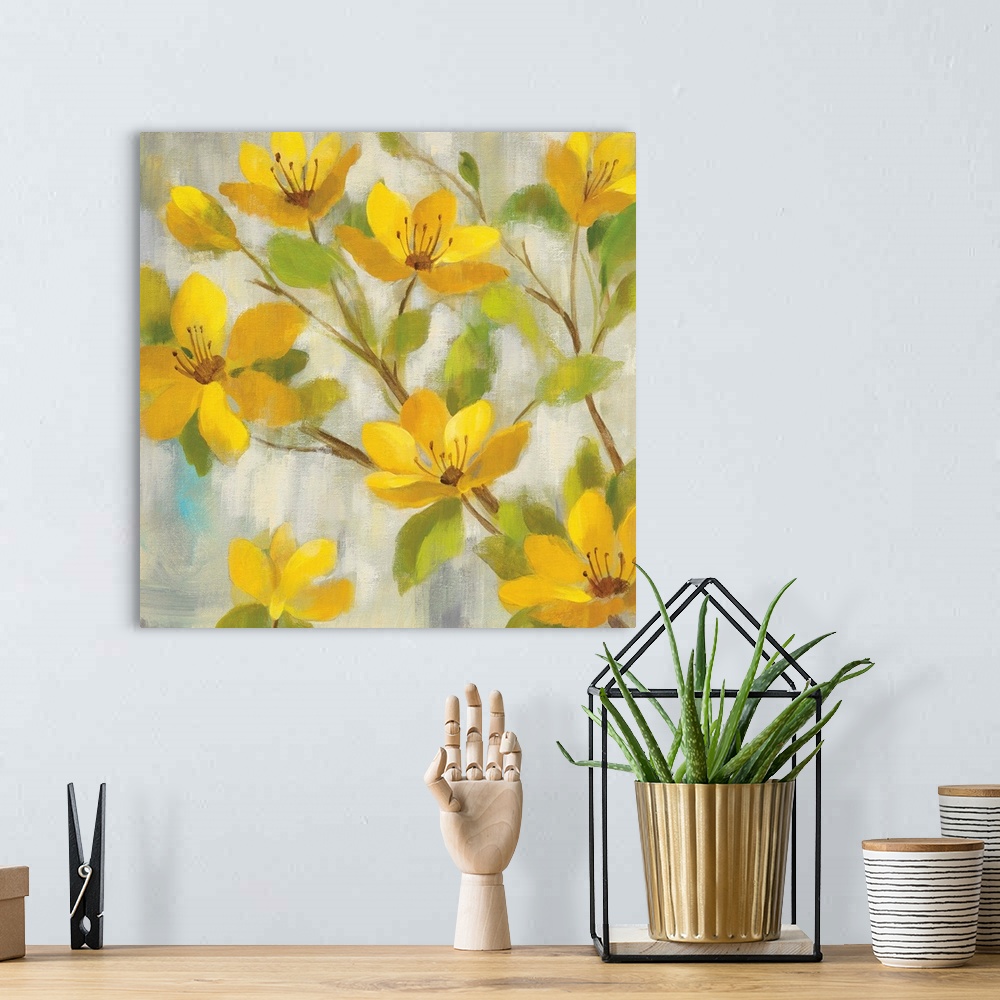 A bohemian room featuring Contemporary painting of yellow flowers against a muted gray background.