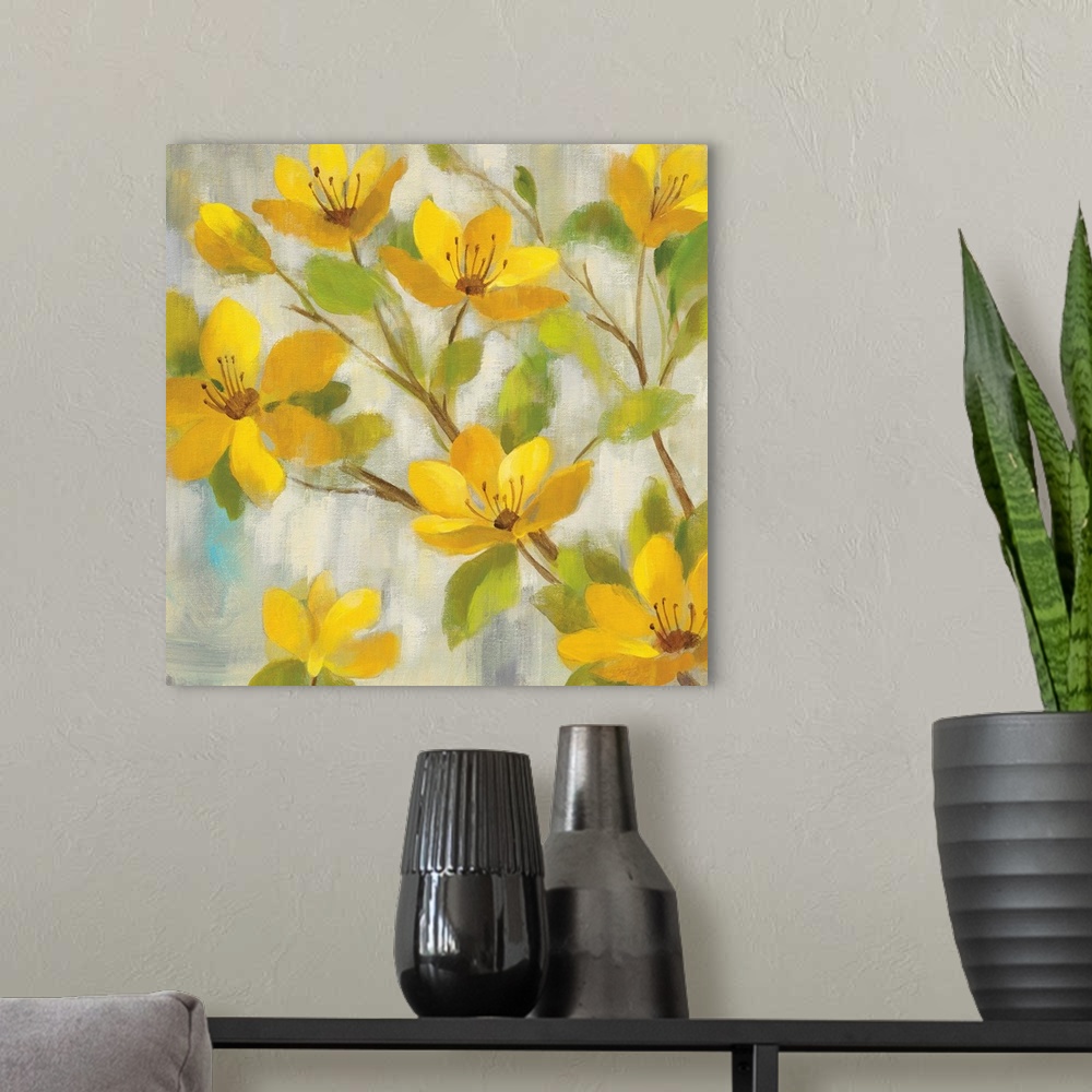 A modern room featuring Contemporary painting of yellow flowers against a muted gray background.