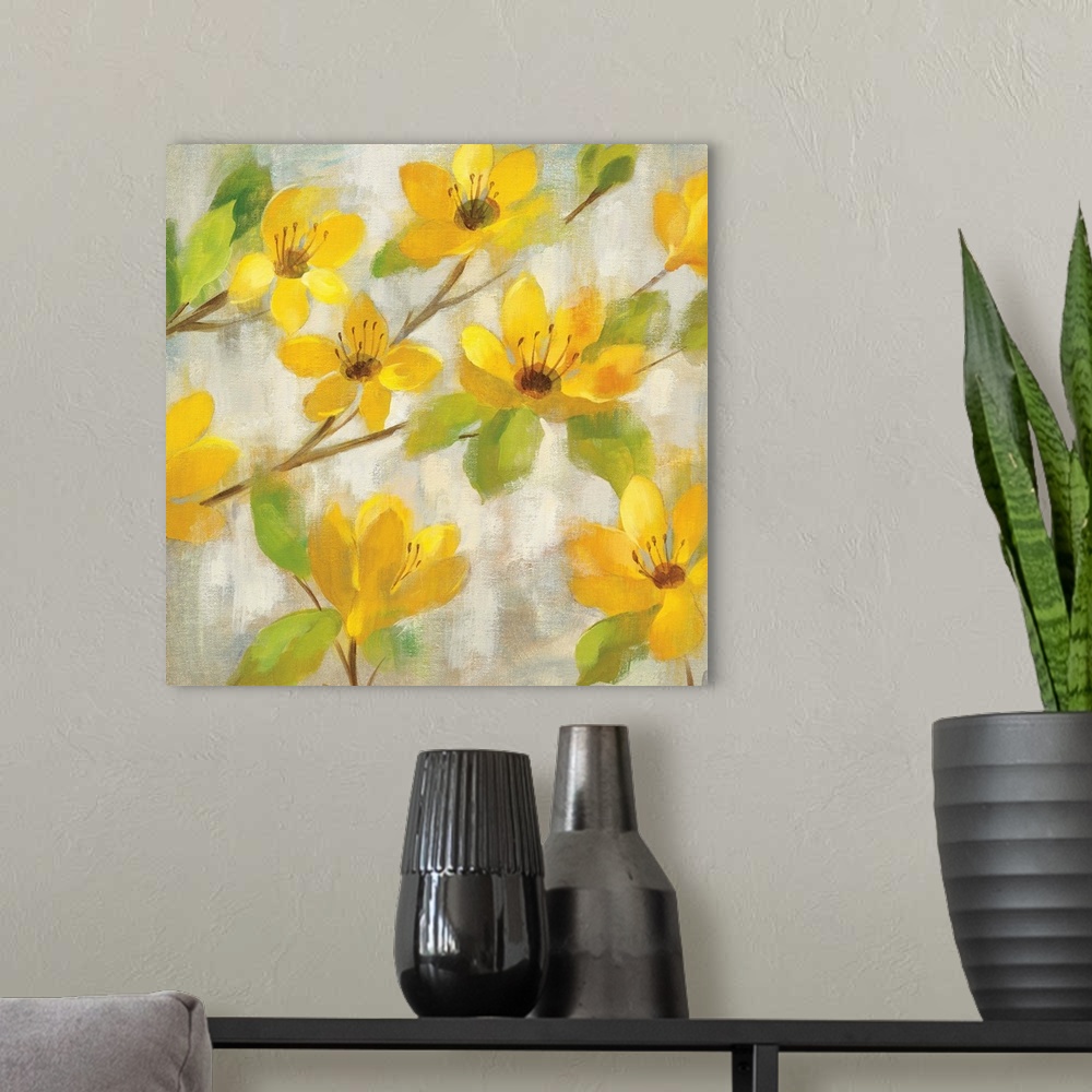 A modern room featuring Contemporary painting of yellow flowers against a muted gray background.