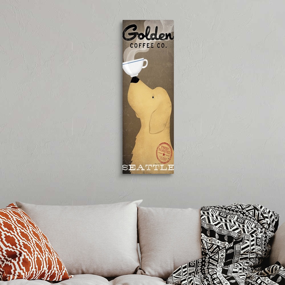 A bohemian room featuring Contemporary artwork of a yellow dog in profile with a coffee cup balanced on his nose.