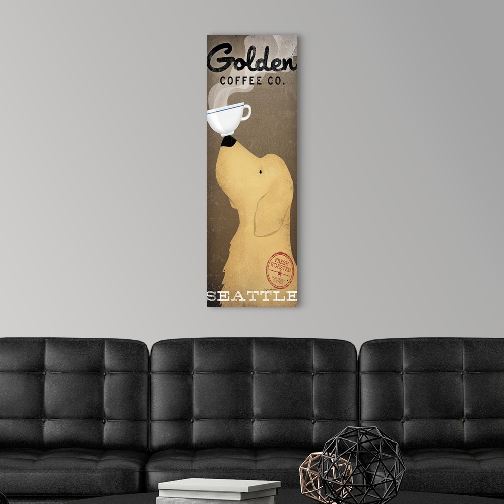 A modern room featuring Contemporary artwork of a yellow dog in profile with a coffee cup balanced on his nose.