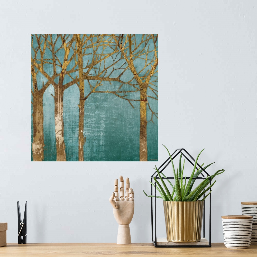 A bohemian room featuring Silhouettes of painted trees over a contrasting flat background in this square decorative art.