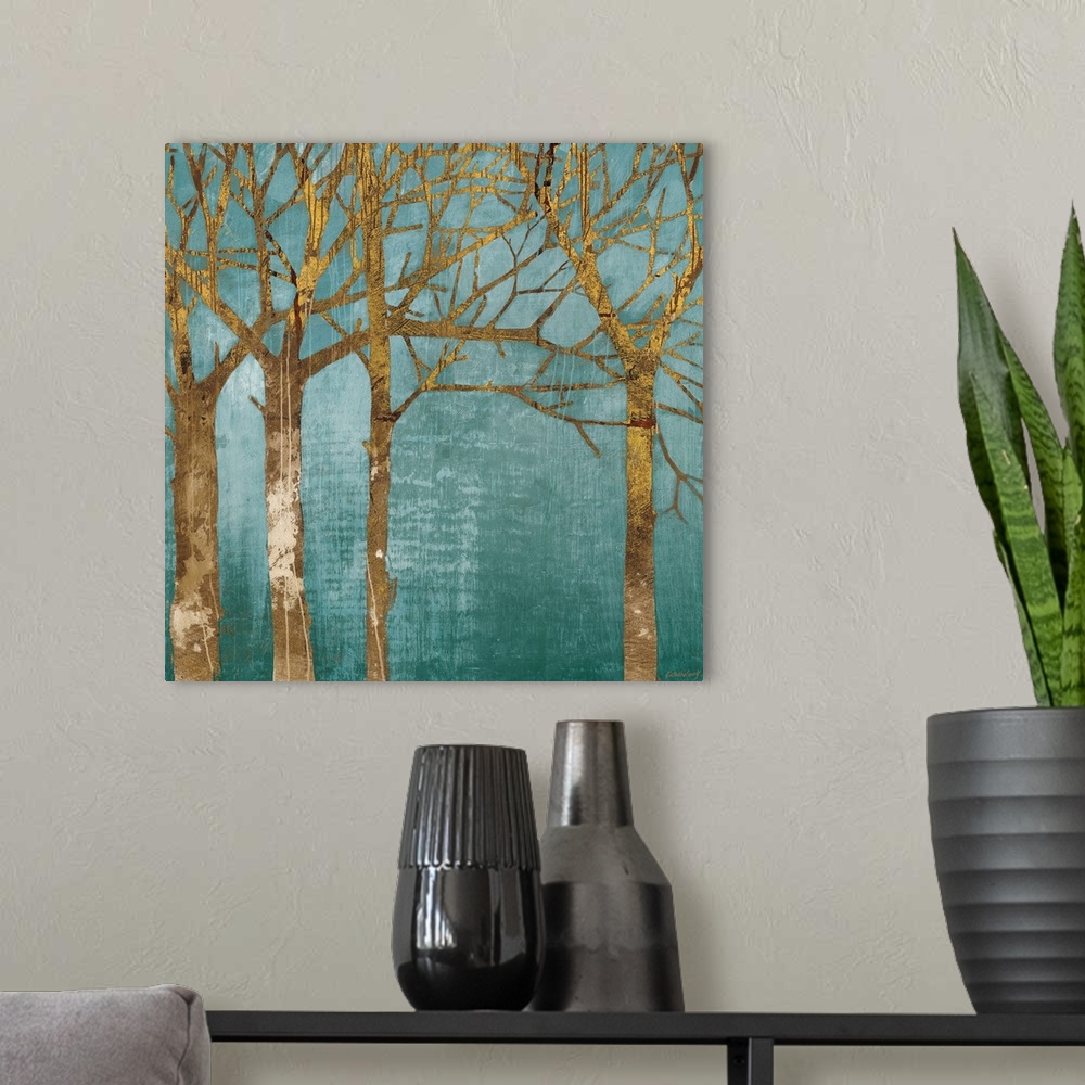 A modern room featuring Silhouettes of painted trees over a contrasting flat background in this square decorative art.