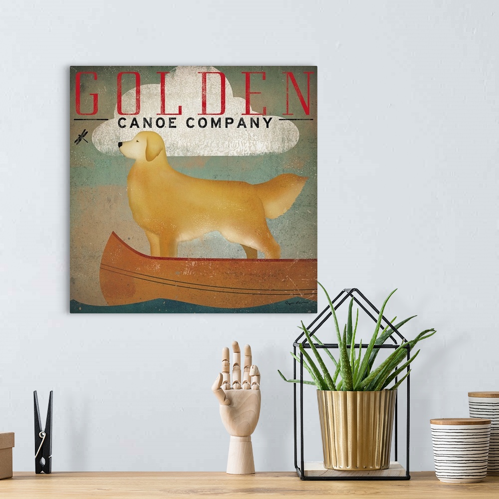 A bohemian room featuring Retro-style artwork of a golden retriever dog standing in a canoe under a single cloud, looking a...