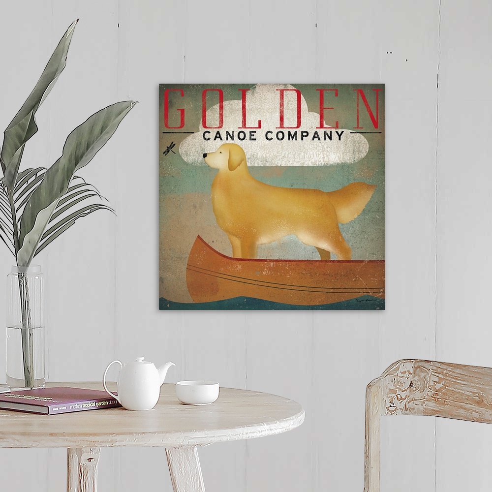 A farmhouse room featuring Retro-style artwork of a golden retriever dog standing in a canoe under a single cloud, looking a...