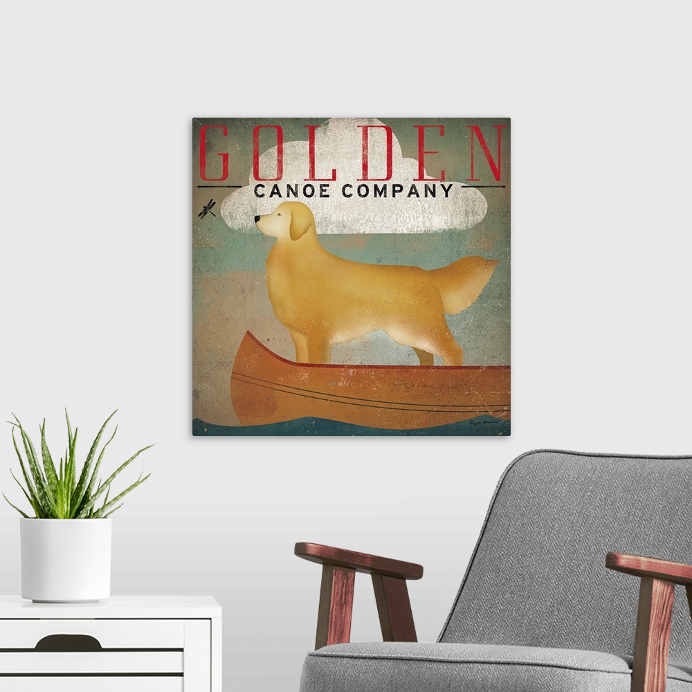 A modern room featuring Retro-style artwork of a golden retriever dog standing in a canoe under a single cloud, looking a...