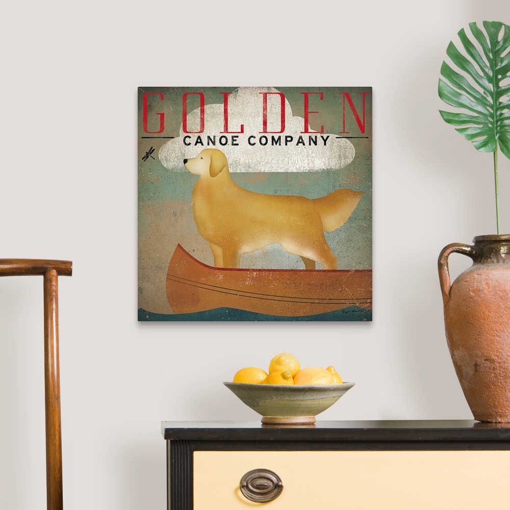 A traditional room featuring Retro-style artwork of a golden retriever dog standing in a canoe under a single cloud, looking a...