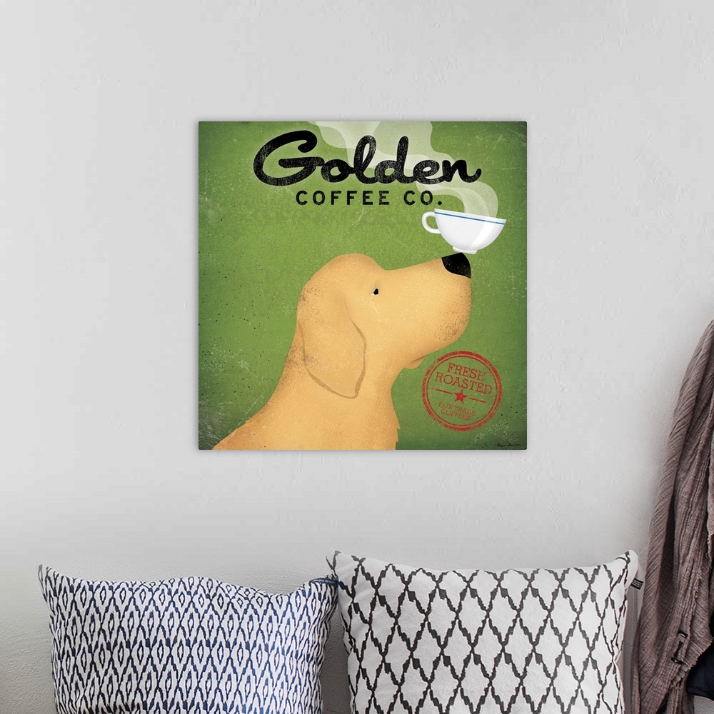A bohemian room featuring A whimsical decorative wall accent of a cartoon Golden Retriever balancing a saucer of coffee on ...