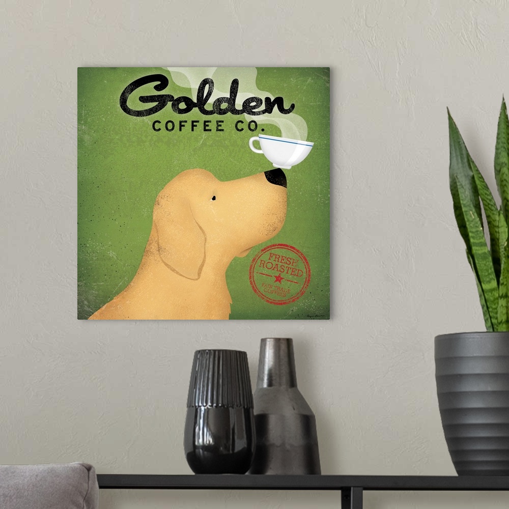 A modern room featuring A whimsical decorative wall accent of a cartoon Golden Retriever balancing a saucer of coffee on ...