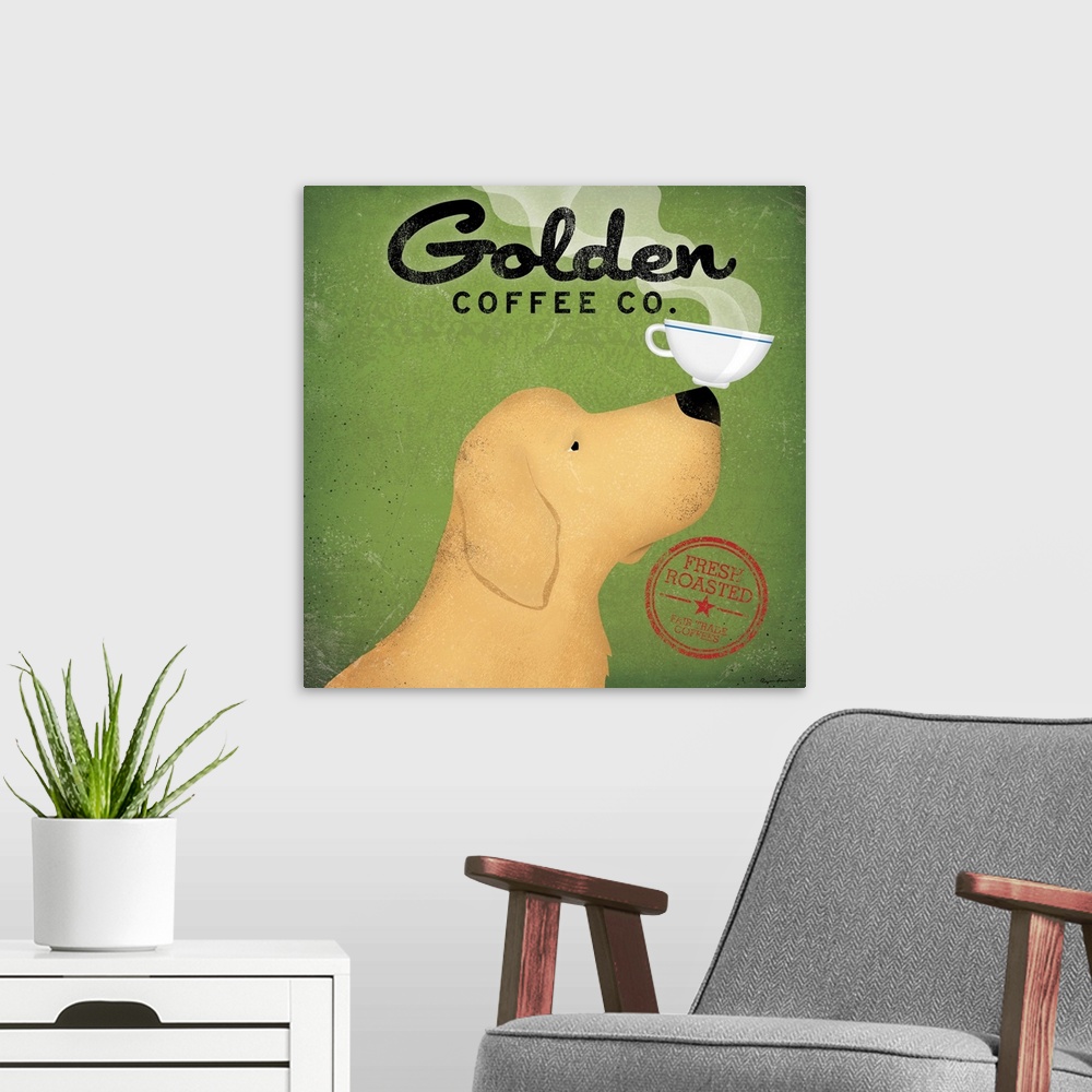 A modern room featuring A whimsical decorative wall accent of a cartoon Golden Retriever balancing a saucer of coffee on ...