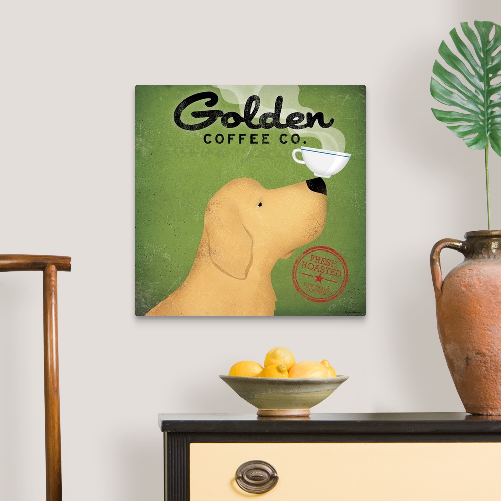 A traditional room featuring A whimsical decorative wall accent of a cartoon Golden Retriever balancing a saucer of coffee on ...