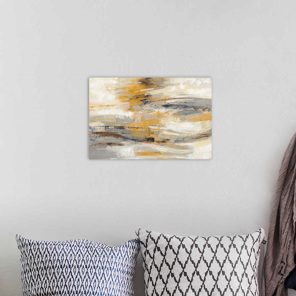 A bohemian room featuring Abstract painting in shades of yellow and grey.