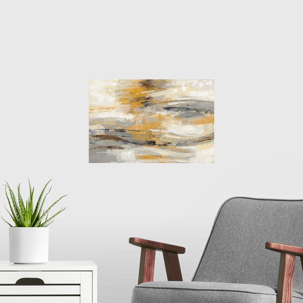 A modern room featuring Abstract painting in shades of yellow and grey.