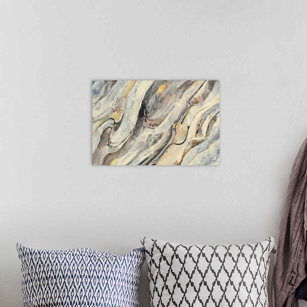 A bohemian room featuring Contemporary abstract painting with cream, brown, gold, and gray brushstrokes flowing diagonally ...