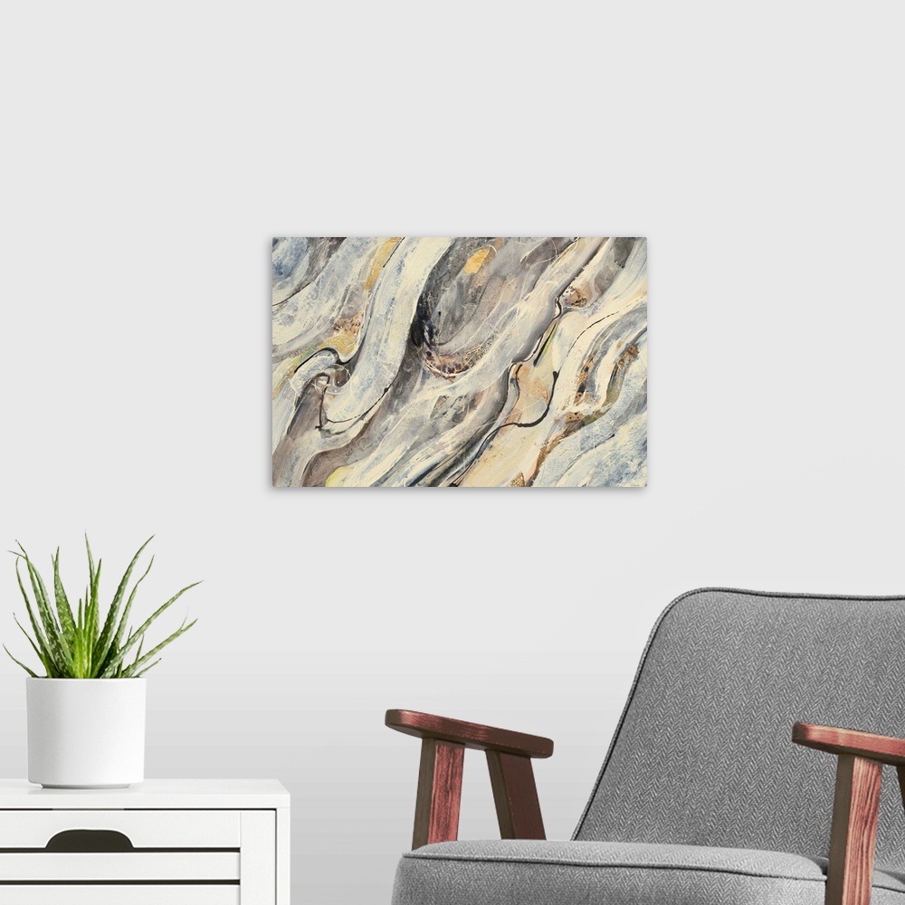 A modern room featuring Contemporary abstract painting with cream, brown, gold, and gray brushstrokes flowing diagonally ...