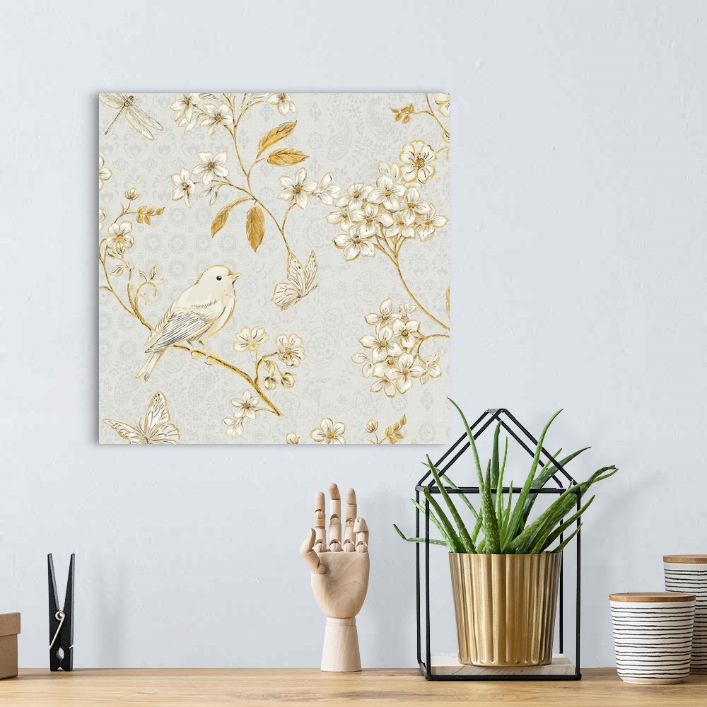A bohemian room featuring Square art that has a white song bird, flowers, butterflies, and dragonfly all with sparkly gold ...