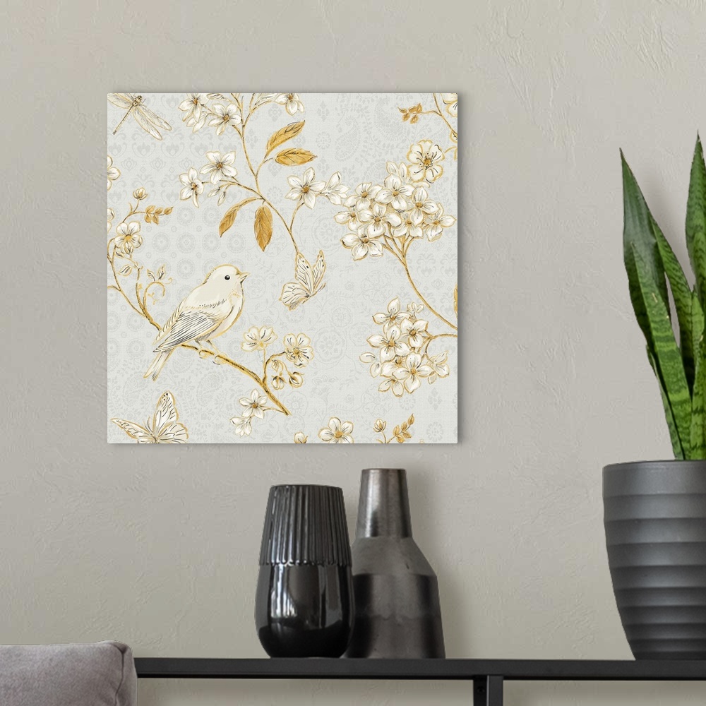 A modern room featuring Square art that has a white song bird, flowers, butterflies, and dragonfly all with sparkly gold ...