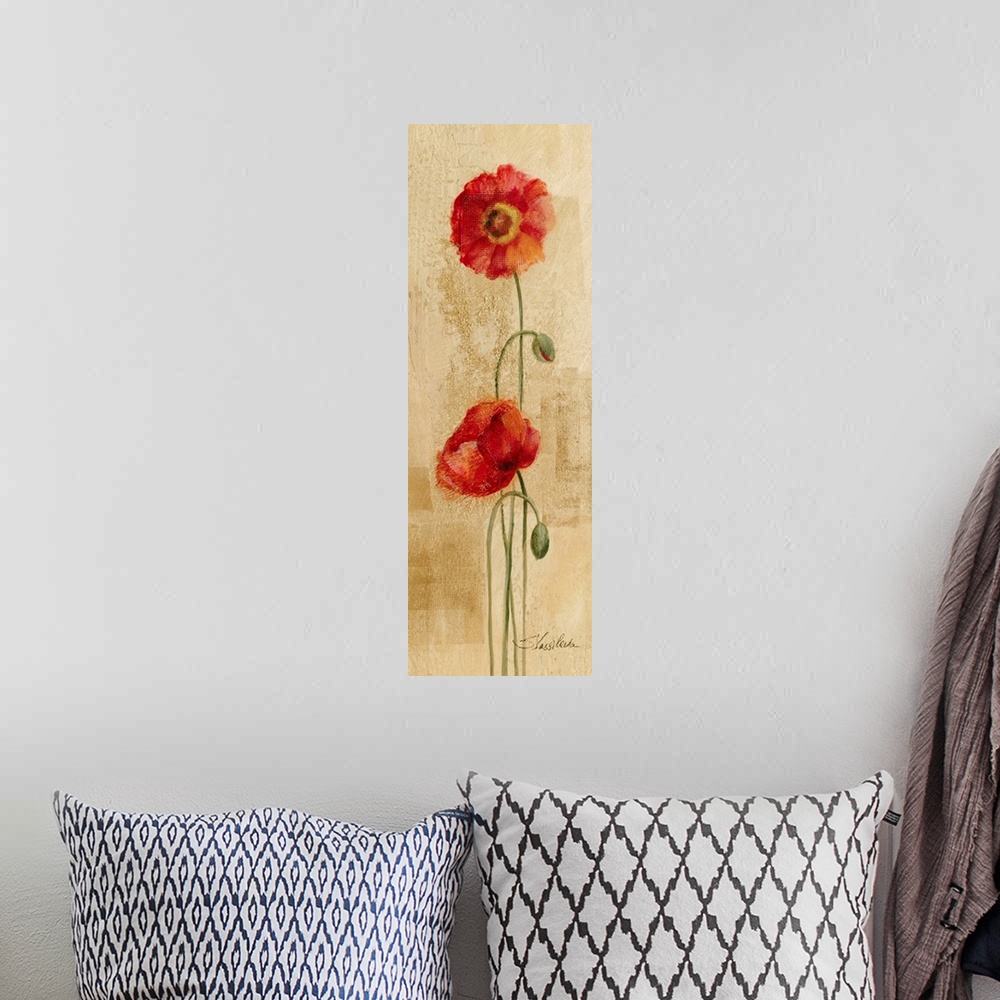 A bohemian room featuring Big, vertical home art docor of two fully bloomed poppy flowers, standing upright on thin stems, ...