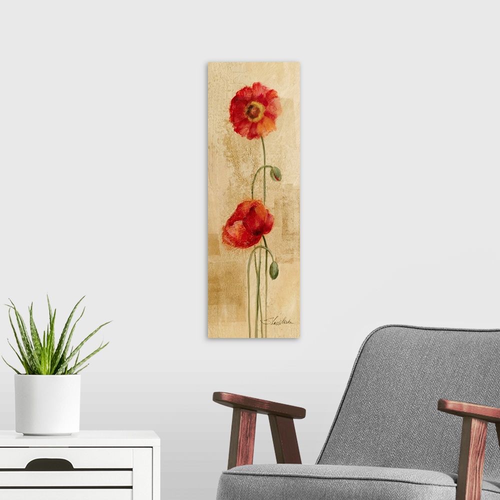 A modern room featuring Big, vertical home art docor of two fully bloomed poppy flowers, standing upright on thin stems, ...