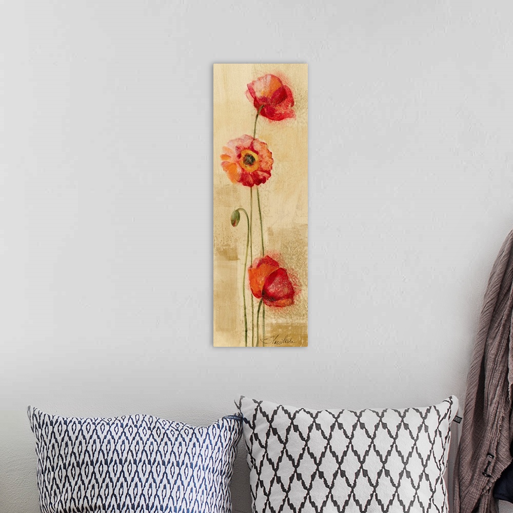 A bohemian room featuring Big, vertical home art docor of several warm poppies extending upward on a golden background.
