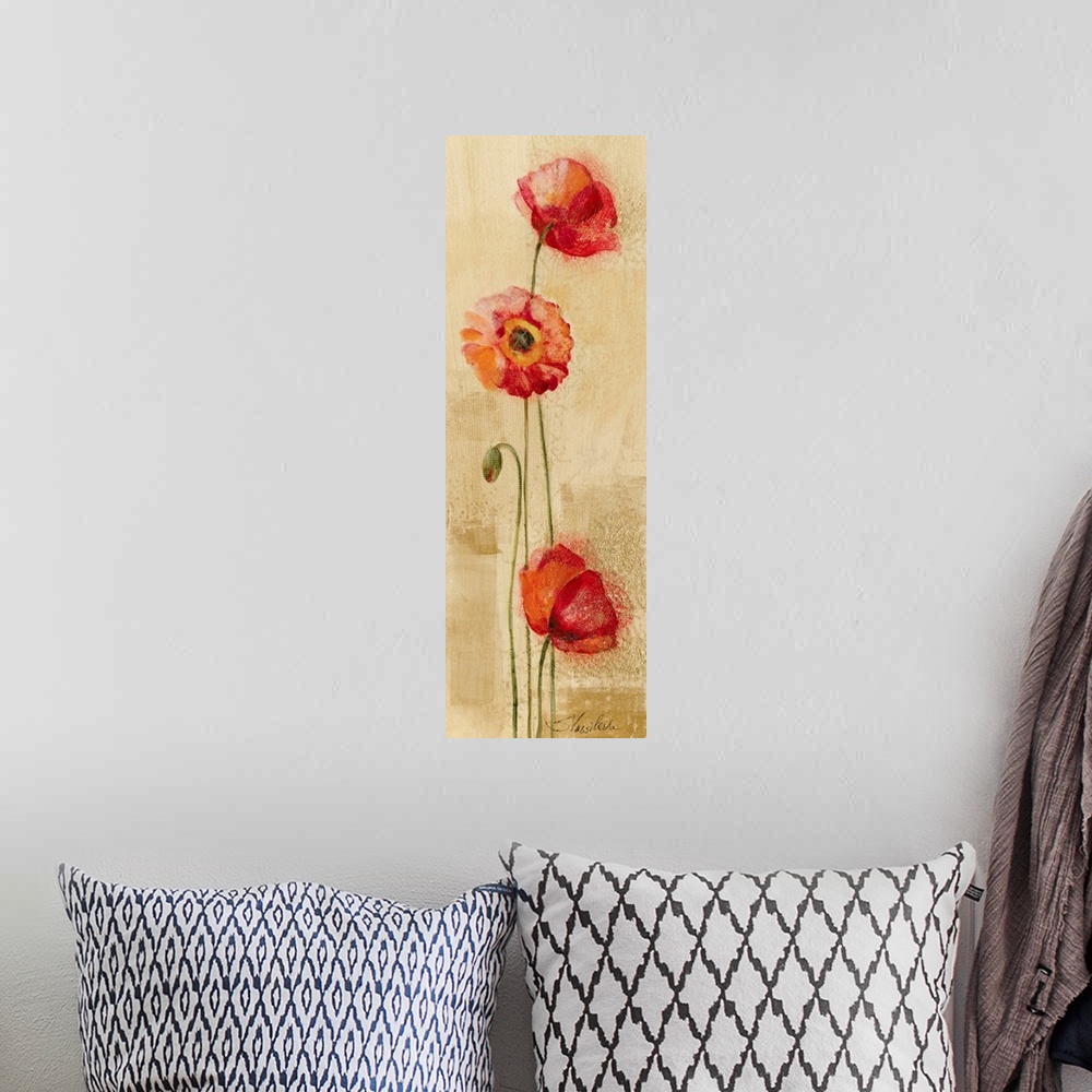 A bohemian room featuring Big, vertical home art docor of several warm poppies extending upward on a golden background.