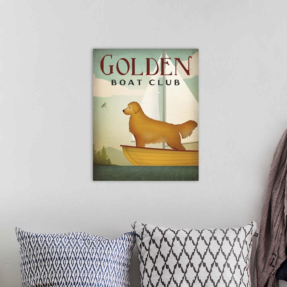 A bohemian room featuring Contemporary artwork of a golden retriever on a sailboat.