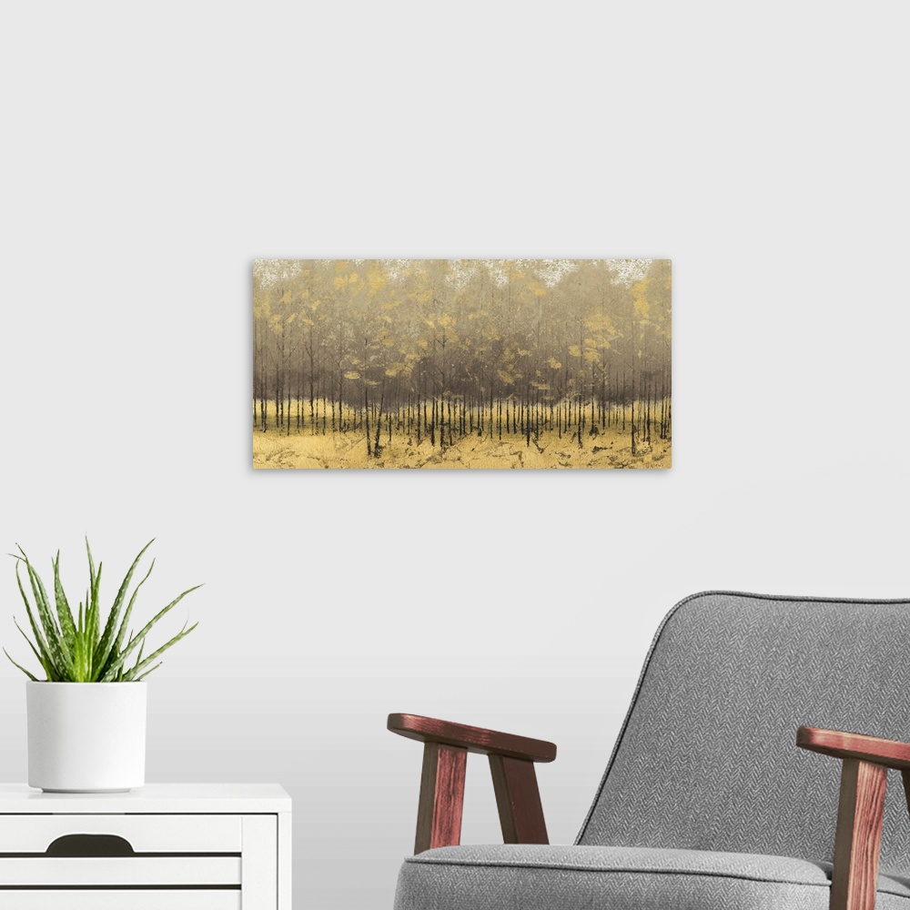 A modern room featuring Contemporary artwork of a forest of thin trees with golden leaves.