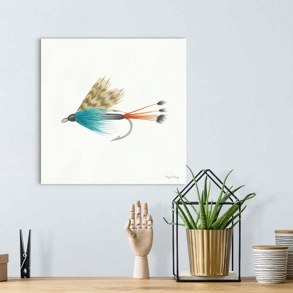 A bohemian room featuring Square watercolor painting of a fishing lure.