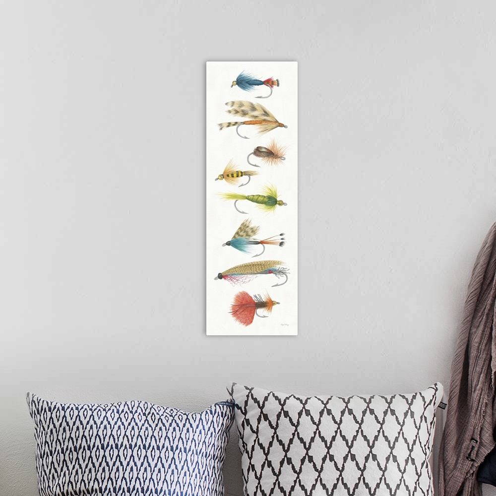 A bohemian room featuring Large watercolor painting of stacked fishing lure.