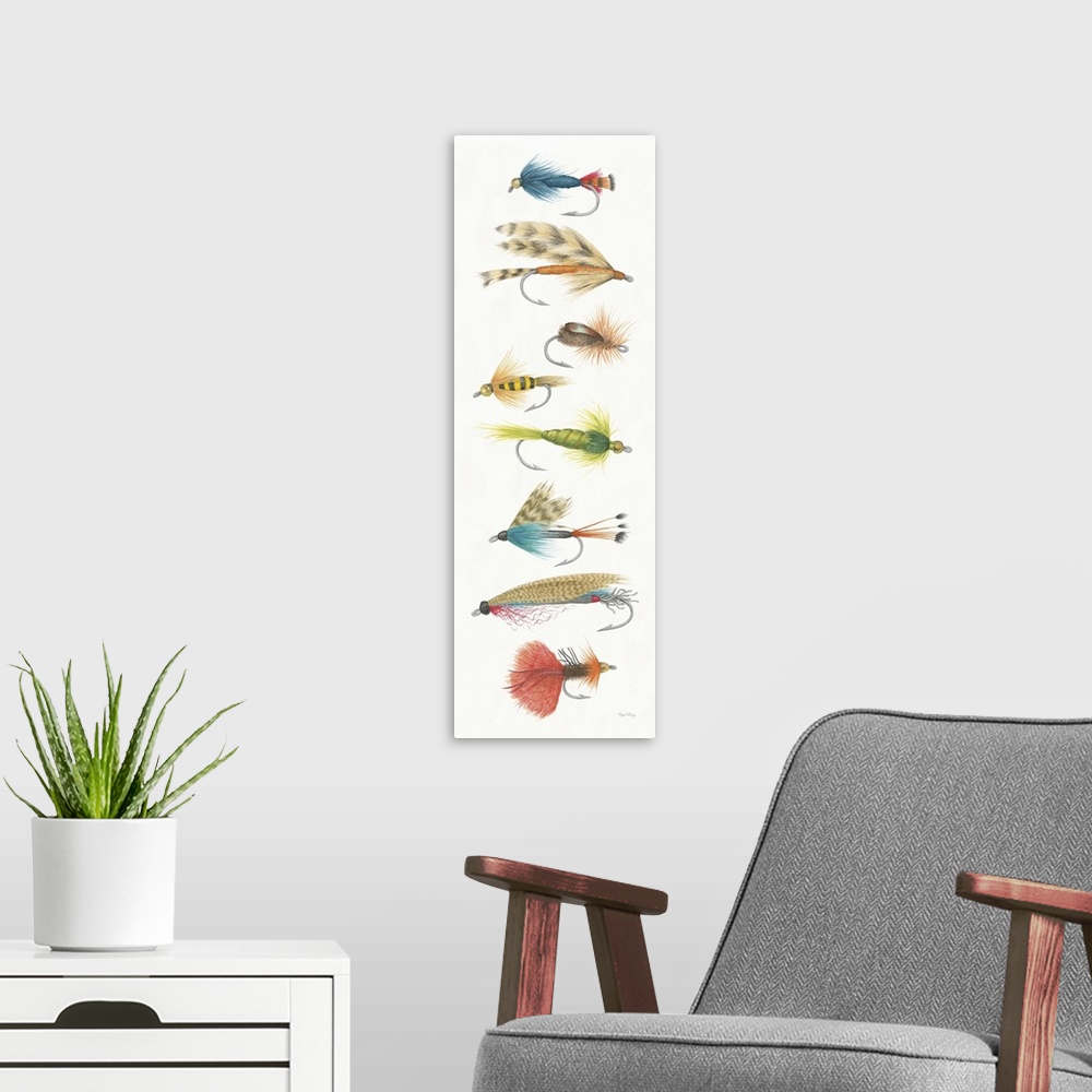 A modern room featuring Large watercolor painting of stacked fishing lure.